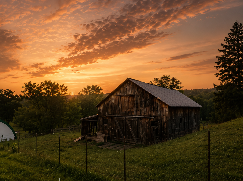 Nutmeg Farm pasture and barn at sunset.