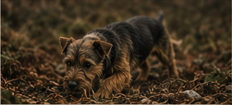 Small working terrier scenting through leaves.
