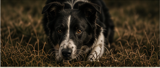 Border Collie lying quietly in grass.