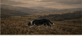 Working dog moving through hillside grass.