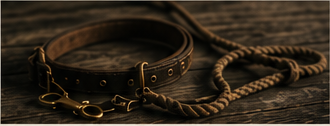 Training collar and rope on a wooden surface.