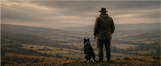 Handler and dog looking over a working landscape.
